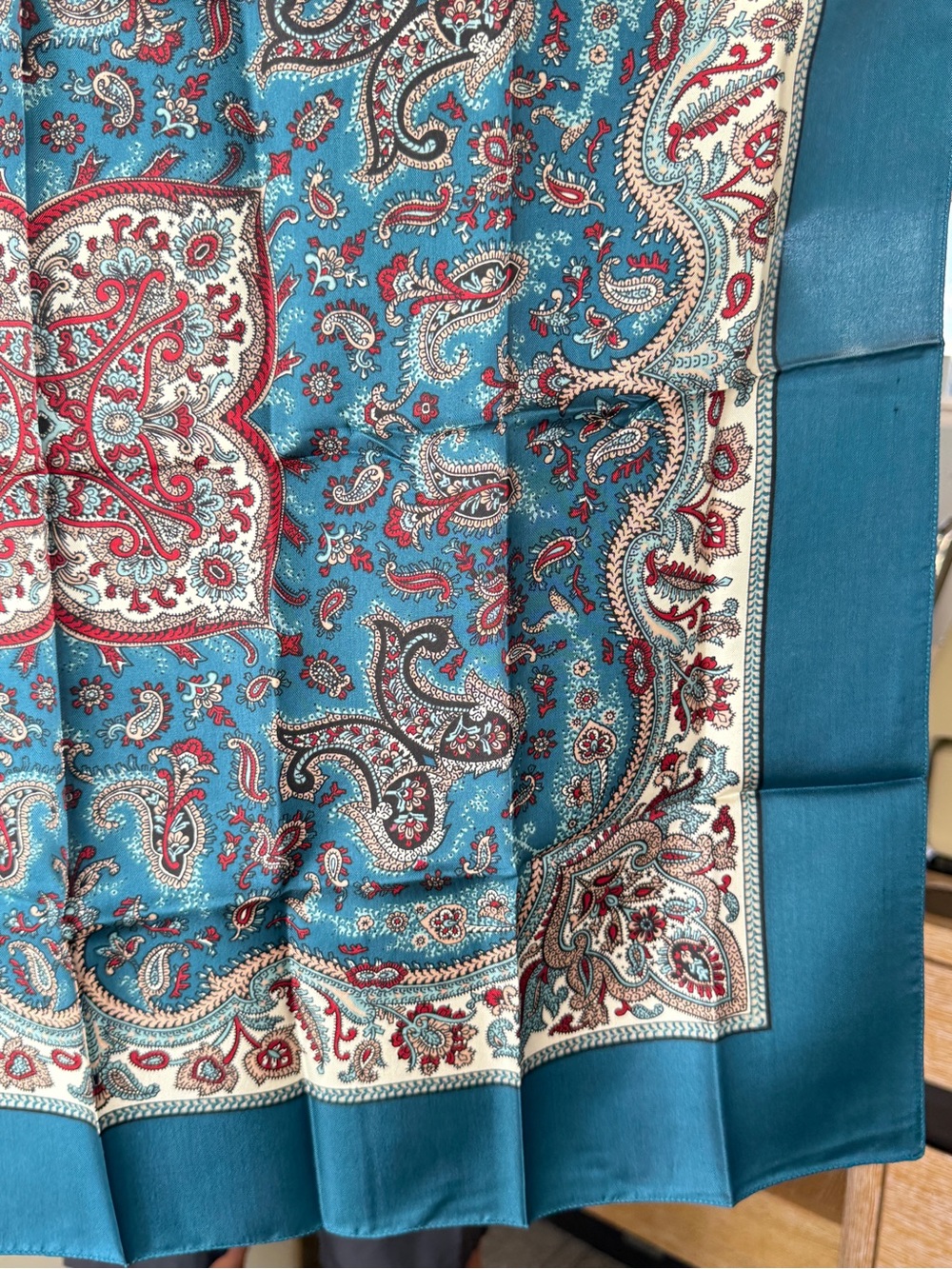 Liberty of London Teal Paisley Silk Scarf with Red and Cream Accents - Picture 3 of 6
